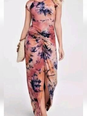 Venus Tie Dye Bodycon Maxi Dress Ruched Slit NWT S